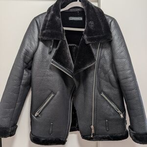 Zara Black Leather Jacket with Shearling Trim
